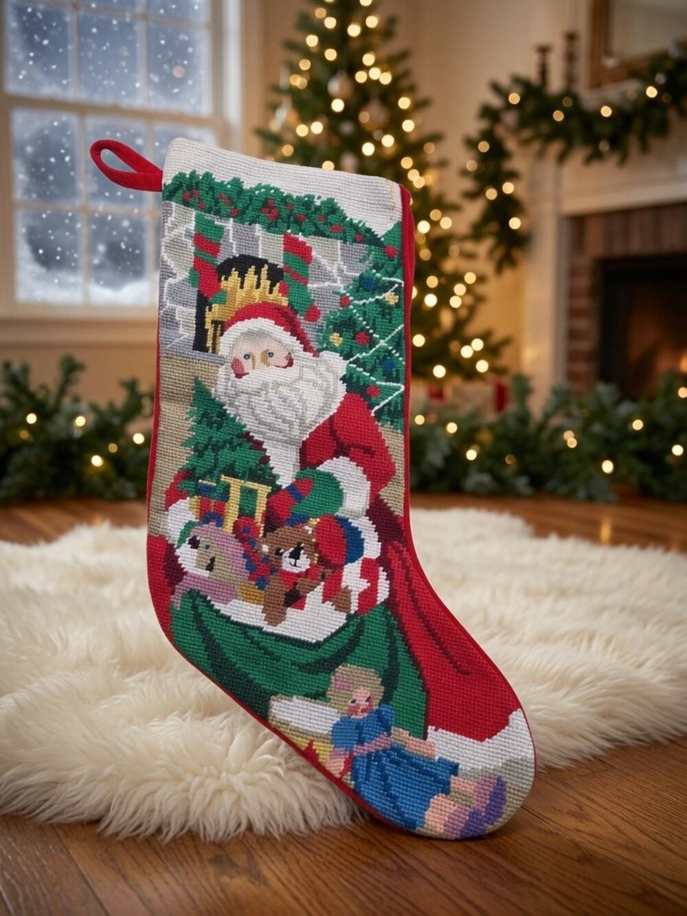 Vintage Needlepoint Christmas Stocking Santa Claus Toys 21” Holiday Velvet